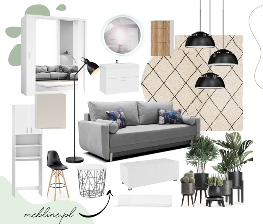 Kolaż mebli wykorzystanych do urządzenia kawalerki