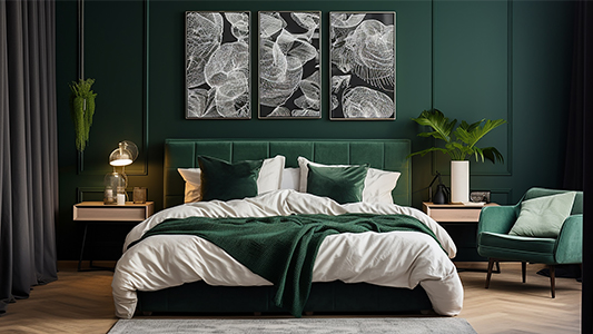 Sypialnia w kolorze butelkowej zieleni i bieli - inspiracje do zmysłowych aranżacji